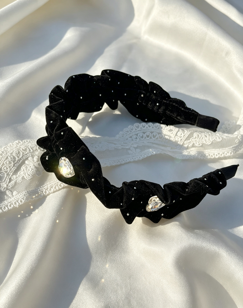 Black Velvet Crystal Heart Ruffle Headband