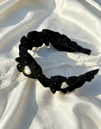 Black Velvet Crystal Heart Ruffle Headband