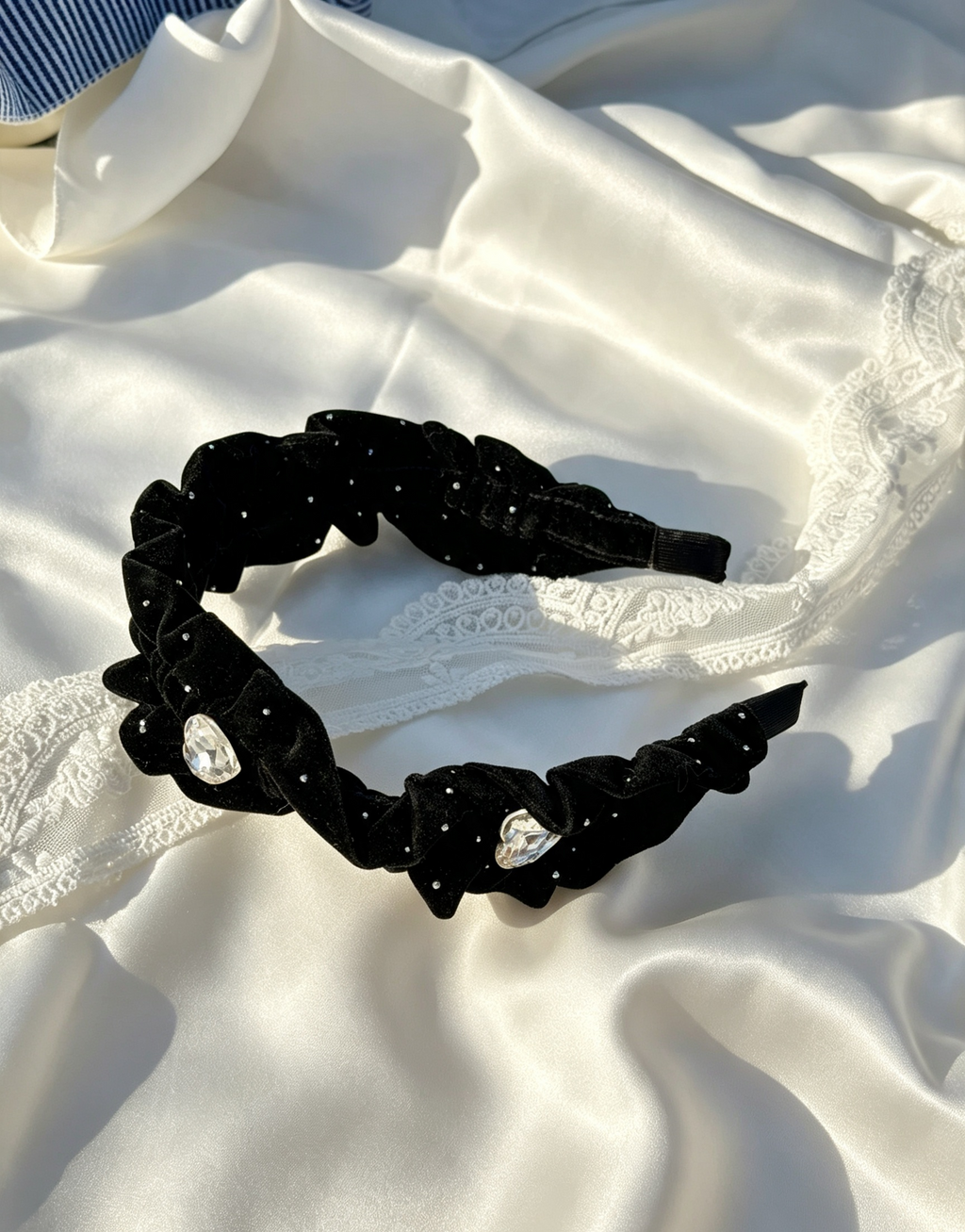 Black Velvet Crystal Heart Ruffle Headband