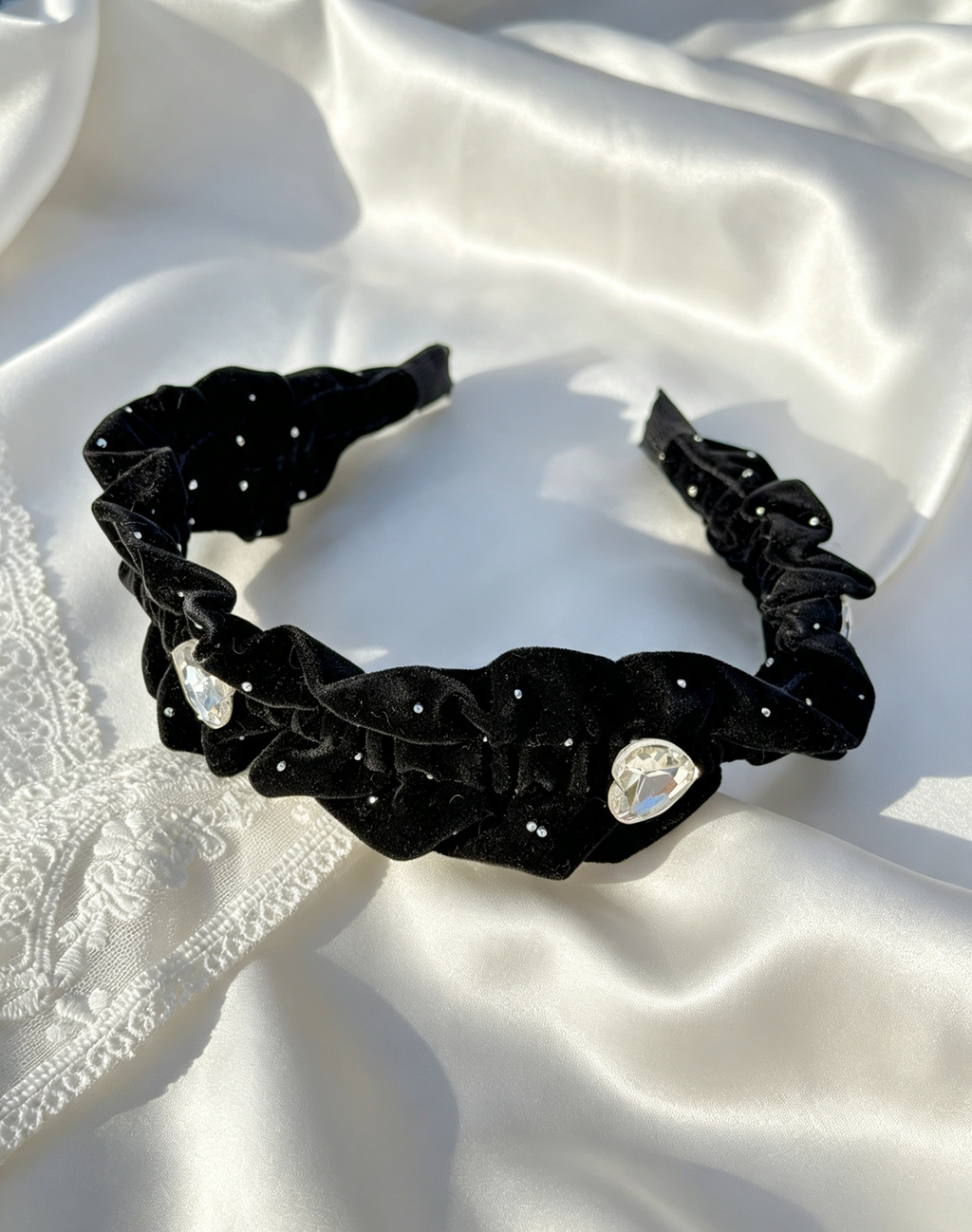 Black Velvet Crystal Heart Ruffle Headband