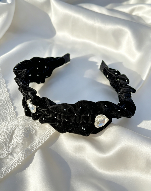 Black Velvet Crystal Heart Ruffle Headband