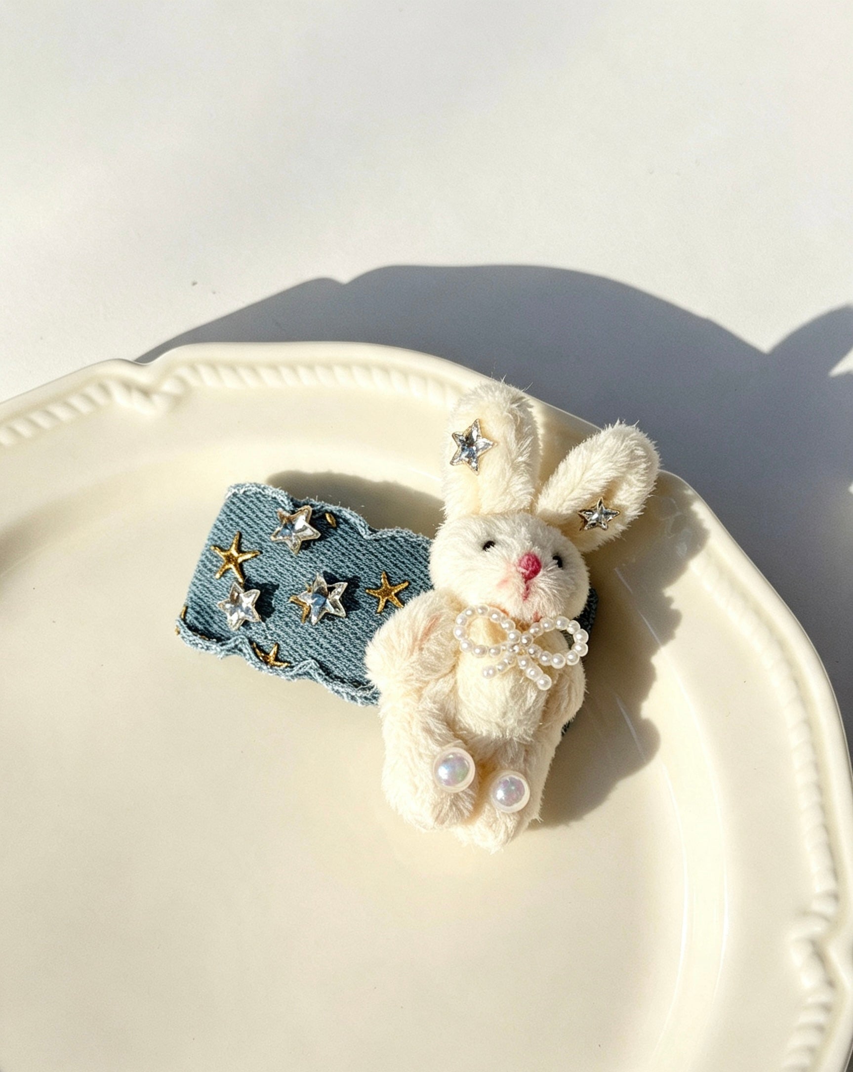 Fluffy Bunny Denim Hair Clip