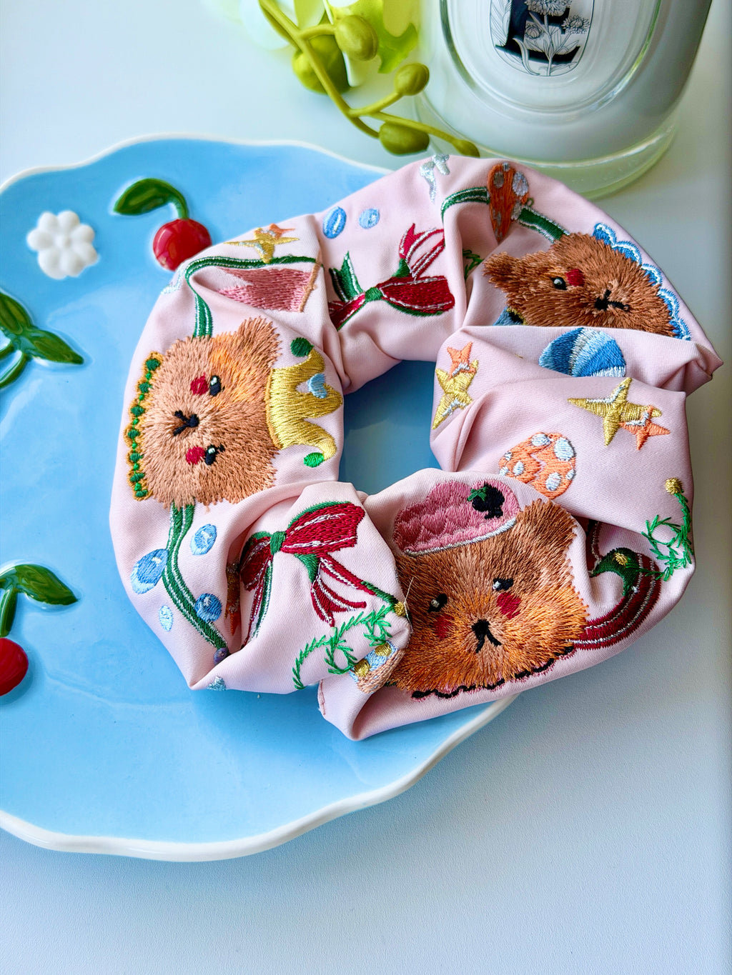 Detailed Animal Embroidered Satin Scrunchie