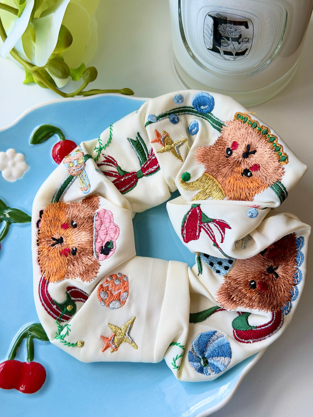 Detailed Animal Embroidered Satin Scrunchie