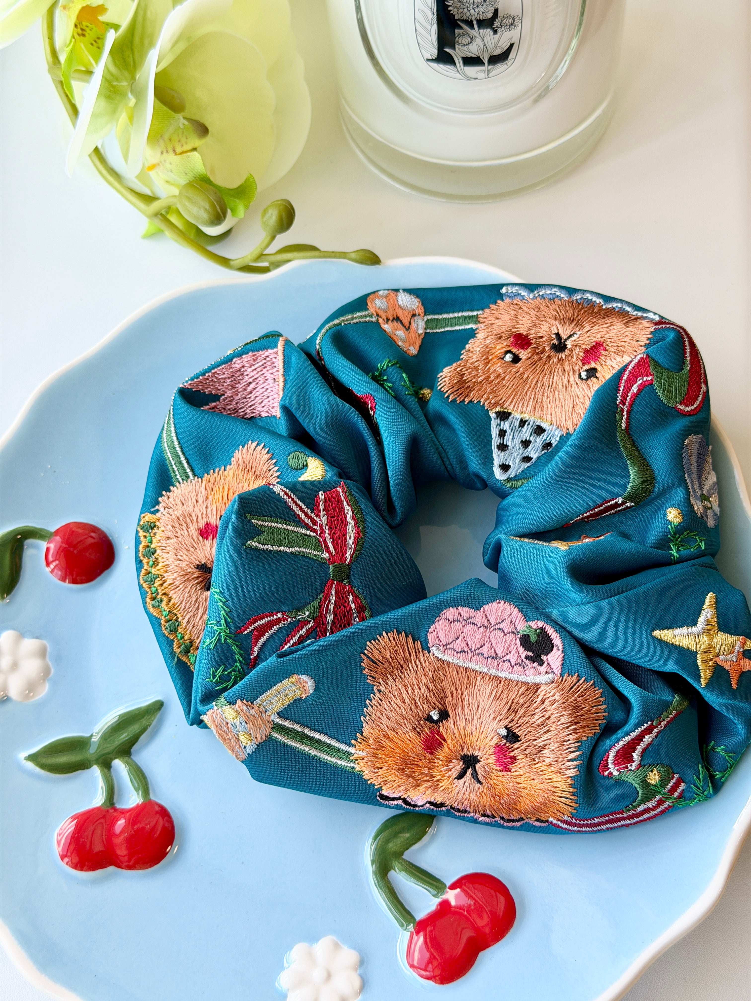 Detailed Animal Embroidered Satin Scrunchie