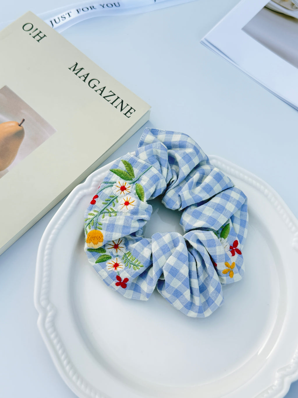Embroidered Gingham Scrunchie