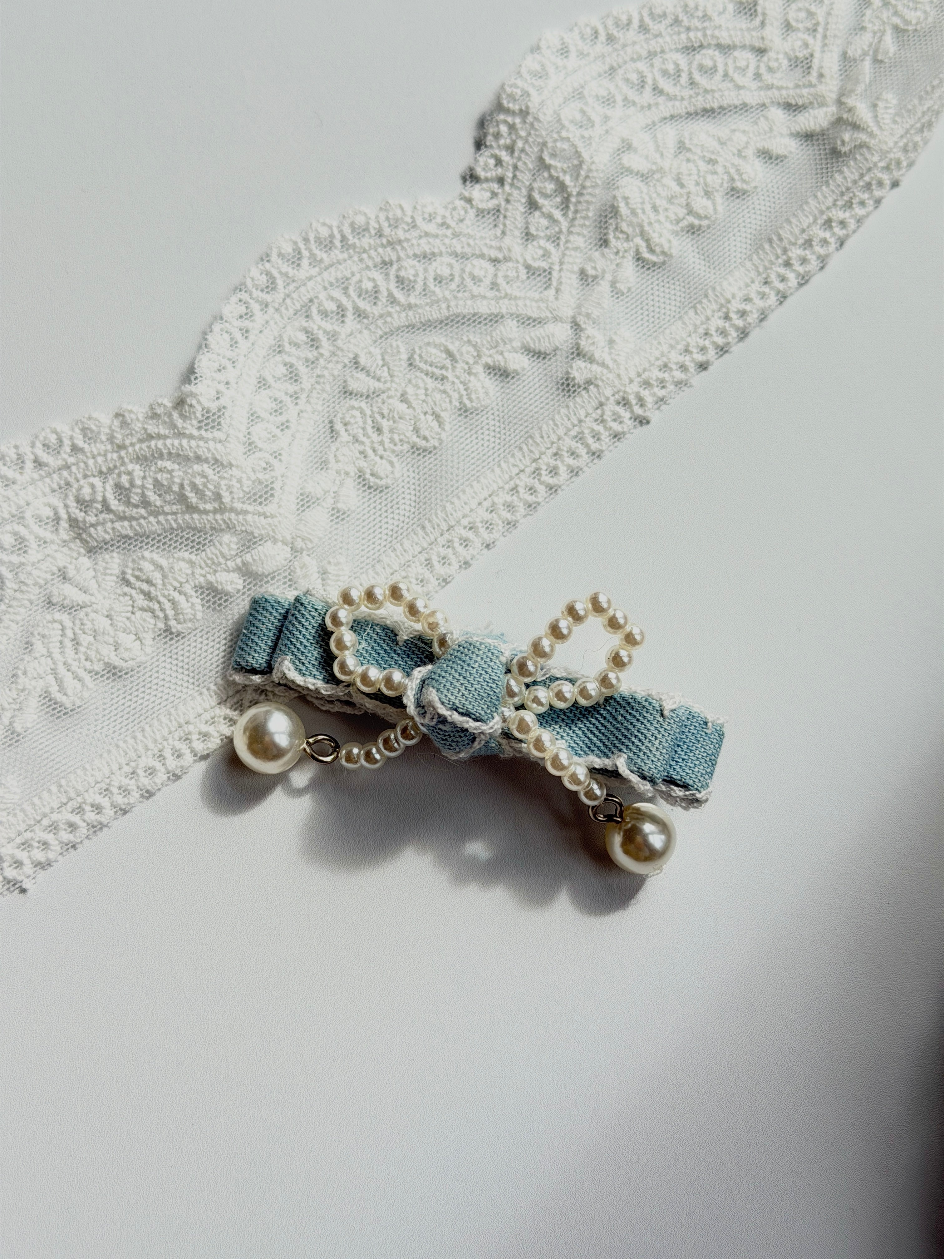 Pearl Bow Denim Hair Clip