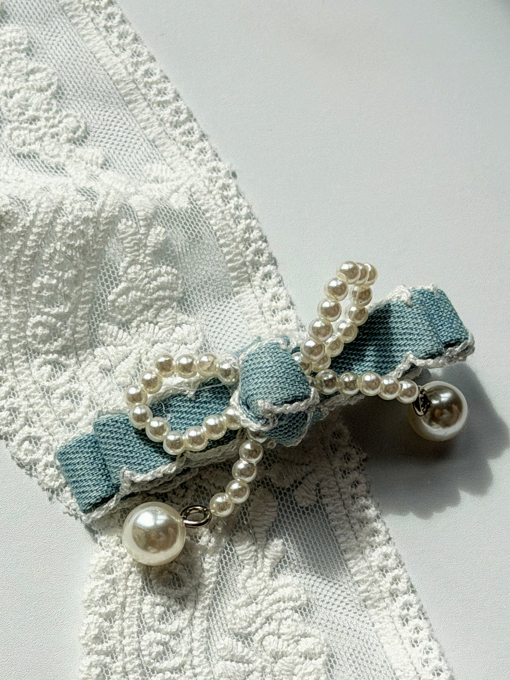 Pearl Bow Denim Hair Clip