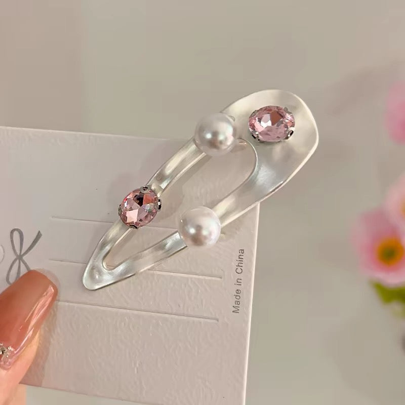 Pearl & Pink Crystal Snap Hair Clip