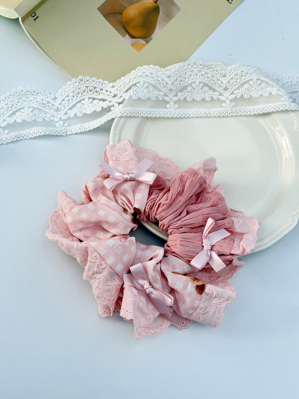 Pink Teddy Bear Lace Ruffle Scrunchie
