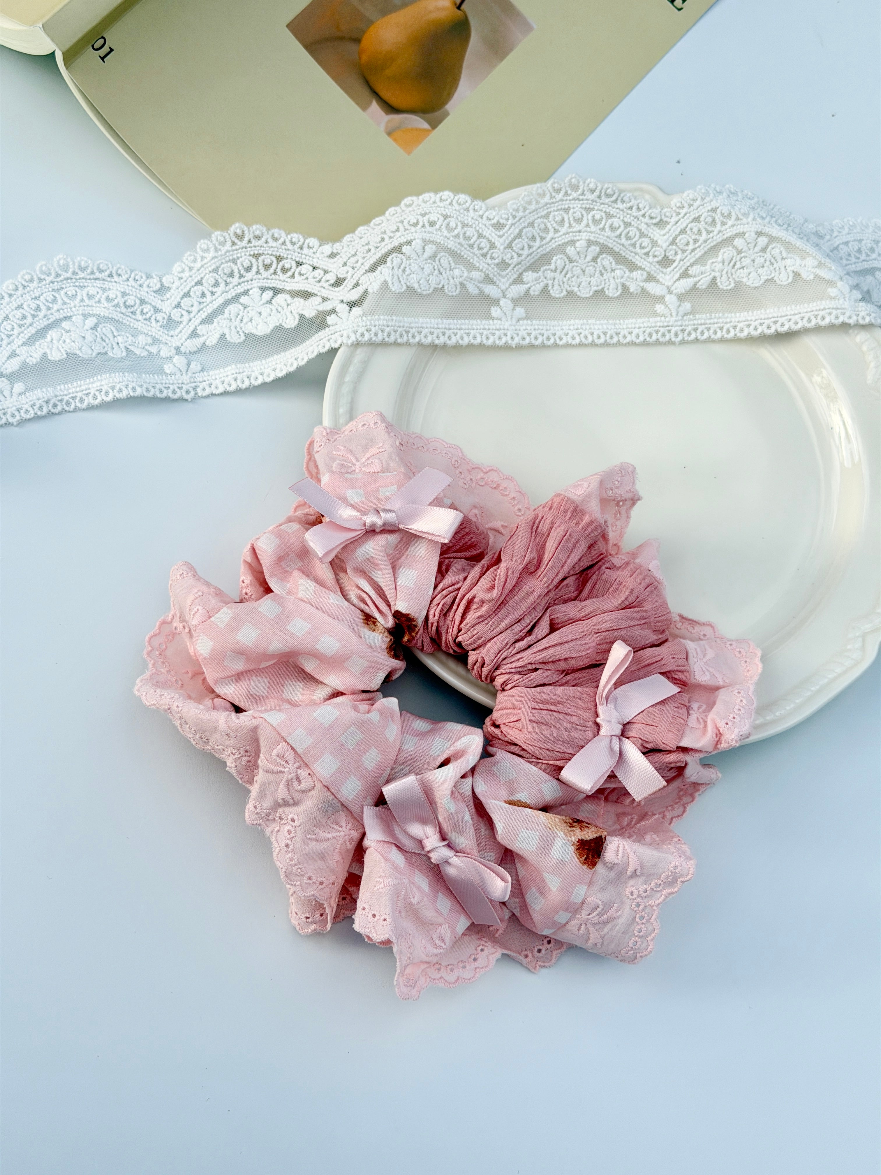 Pink Teddy Bear Lace Ruffle Scrunchie