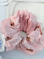 Pink Teddy Bear Lace Ruffle Scrunchie
