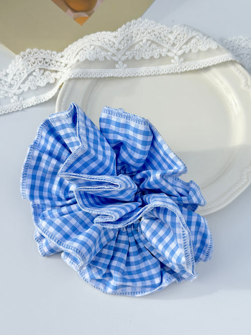 Blue Gingham Ruffle Scrunchie