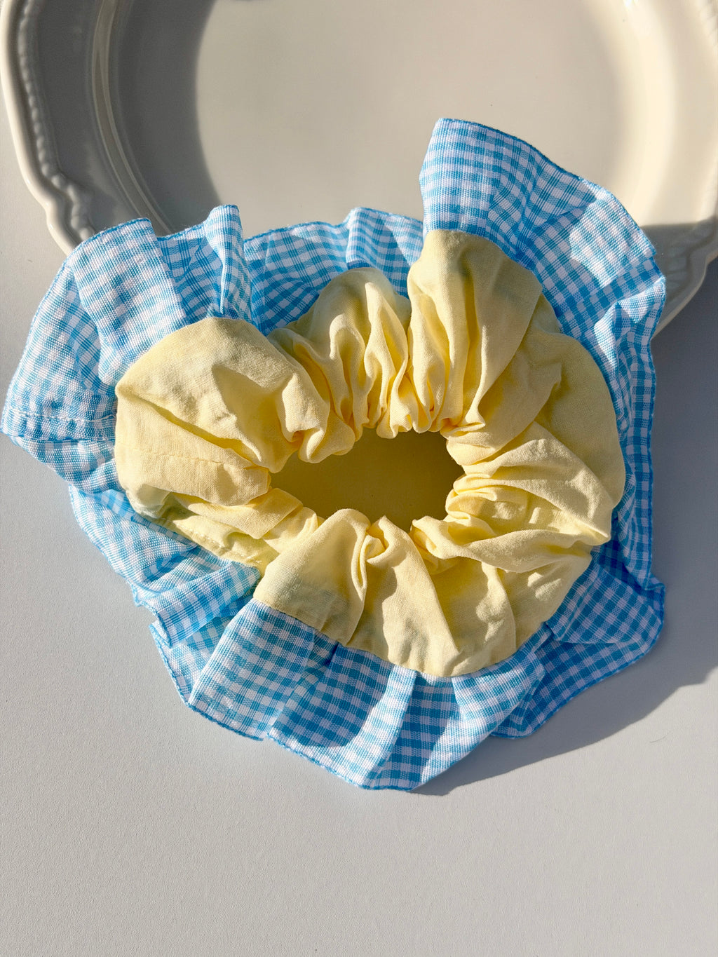 Yellow & Blue Gingham Ruffle Scrunchie