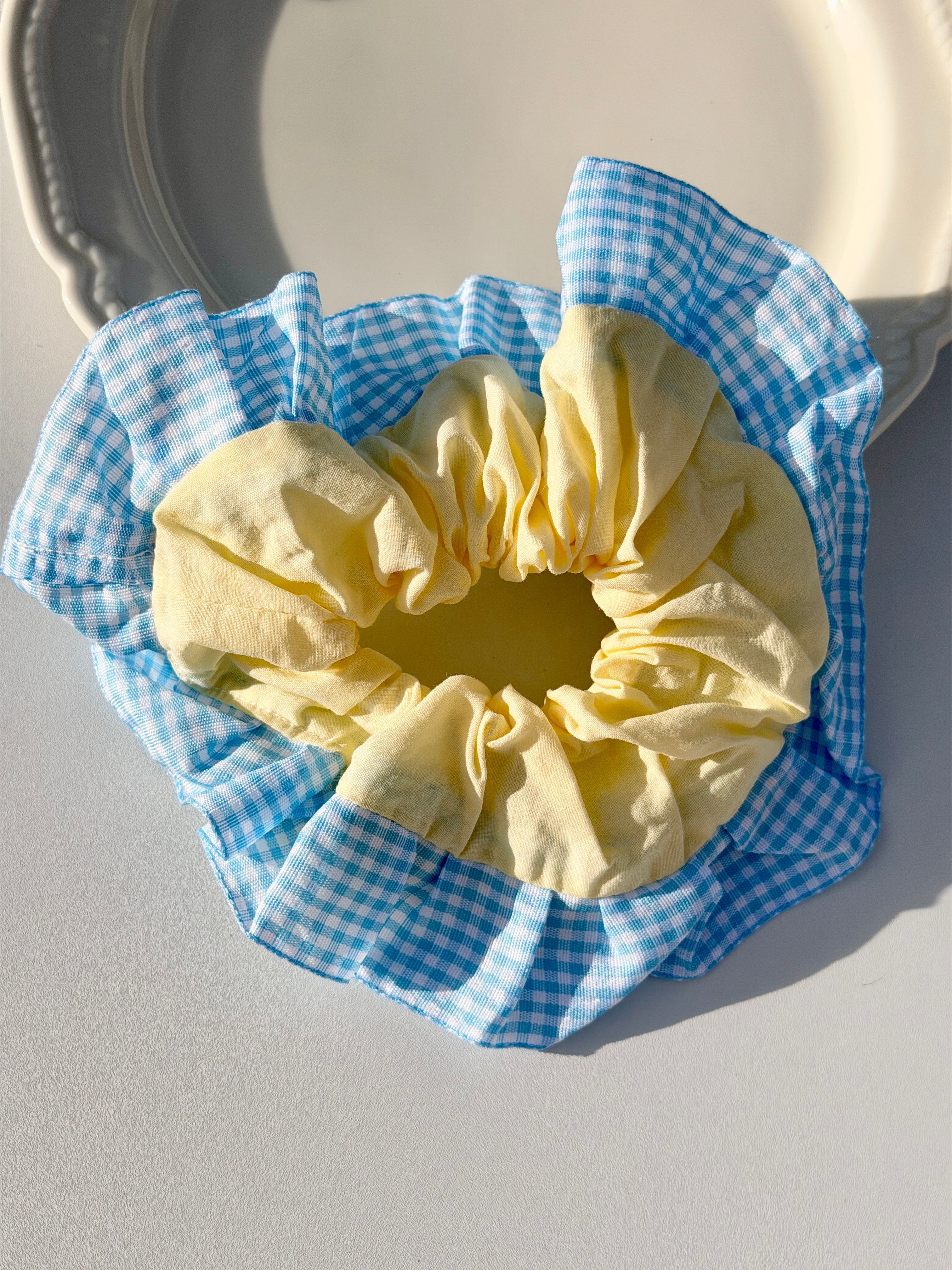 Yellow & Blue Gingham Ruffle Scrunchie