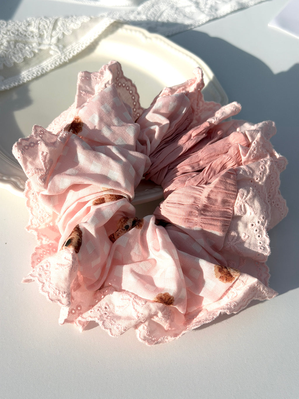 Pink Teddy Bear Lace Ruffle Scrunchie
