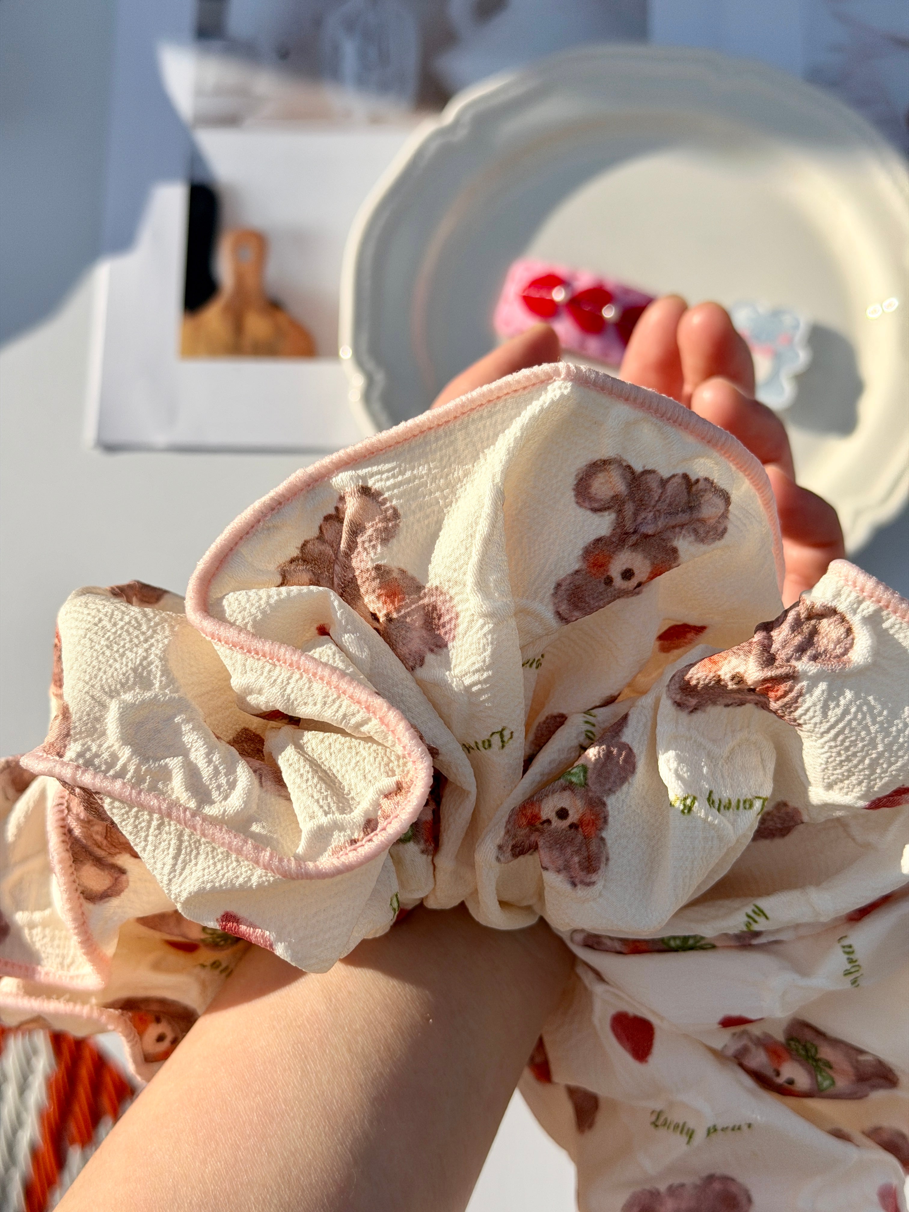Lovely Bear Heart Print Scrunchie