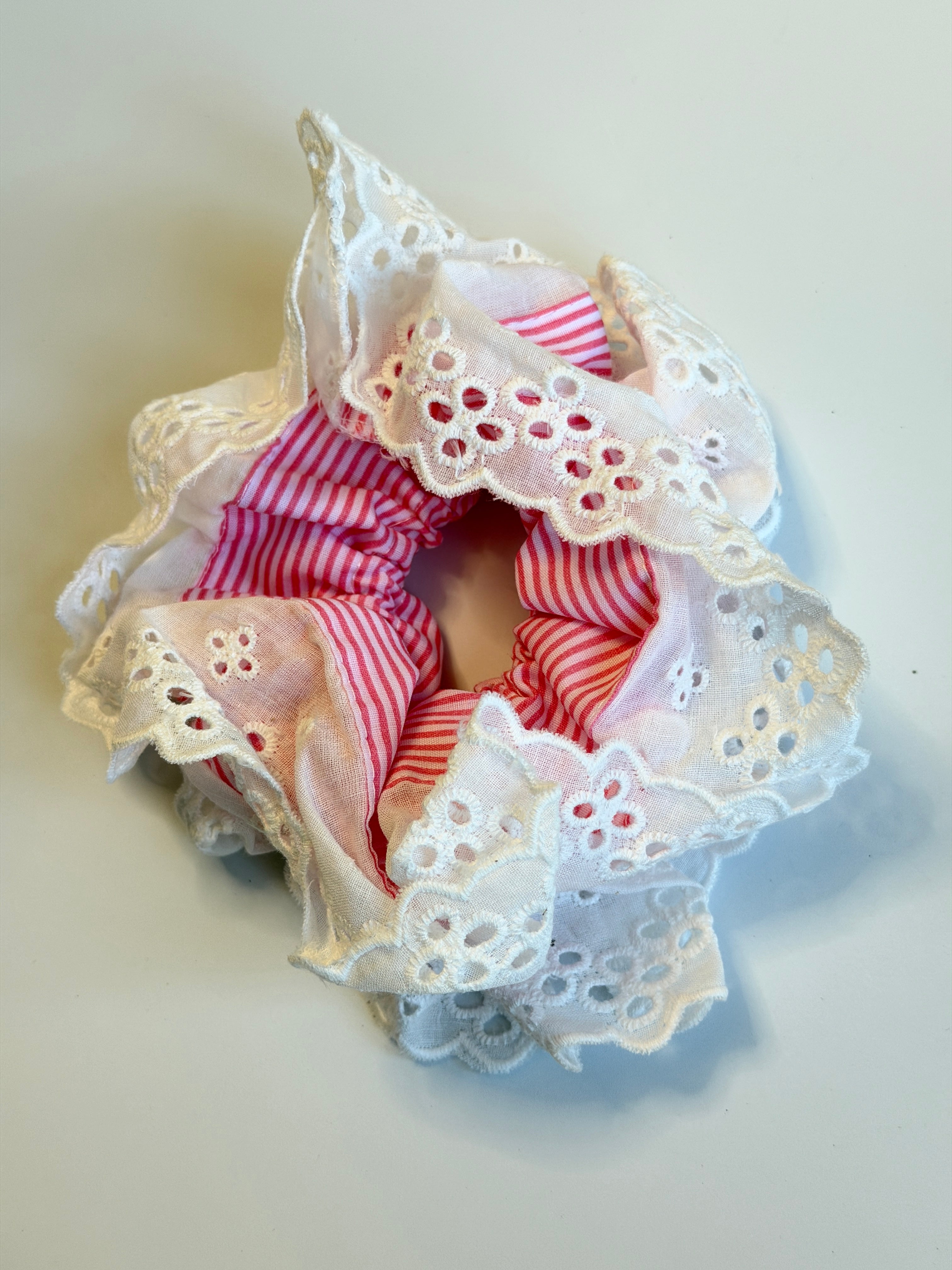 Pink Stripe Eyelet Lace Scrunchie