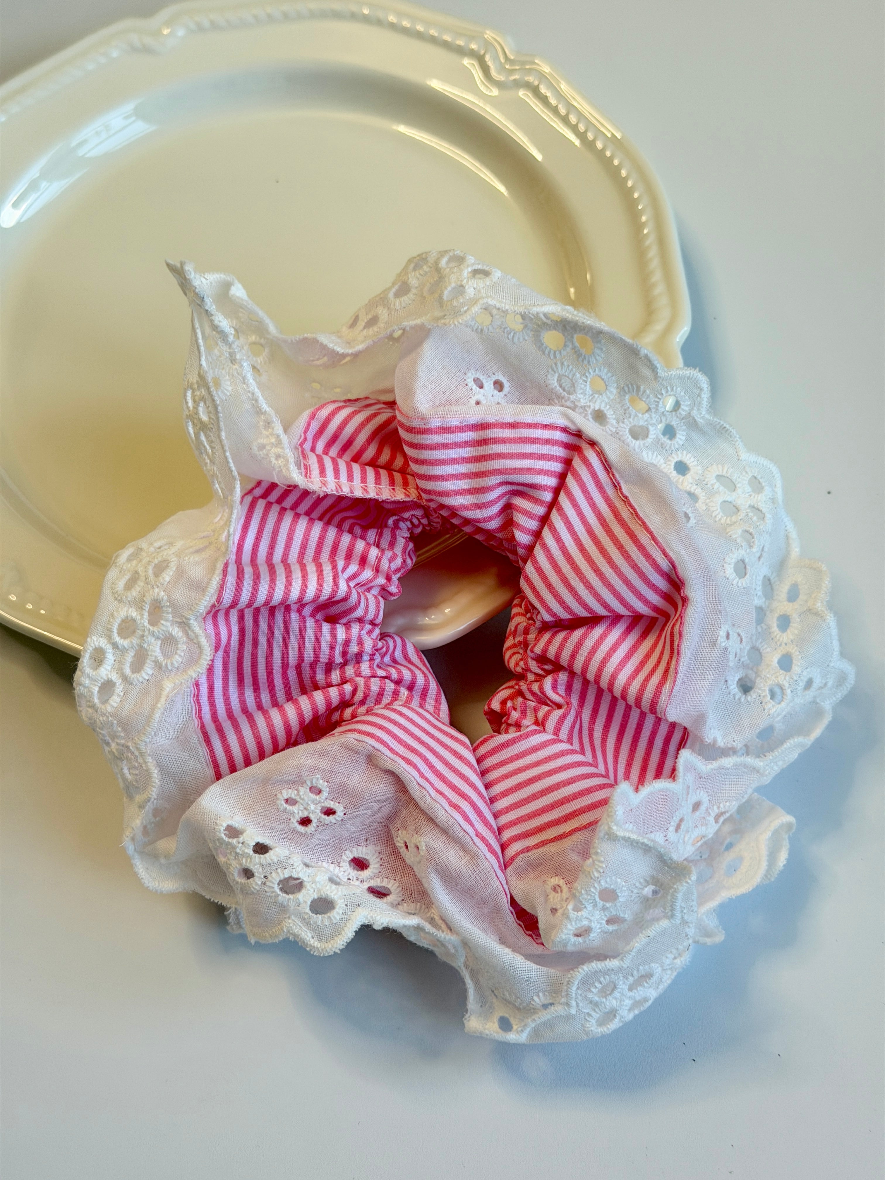 Pink Stripe Eyelet Lace Scrunchie