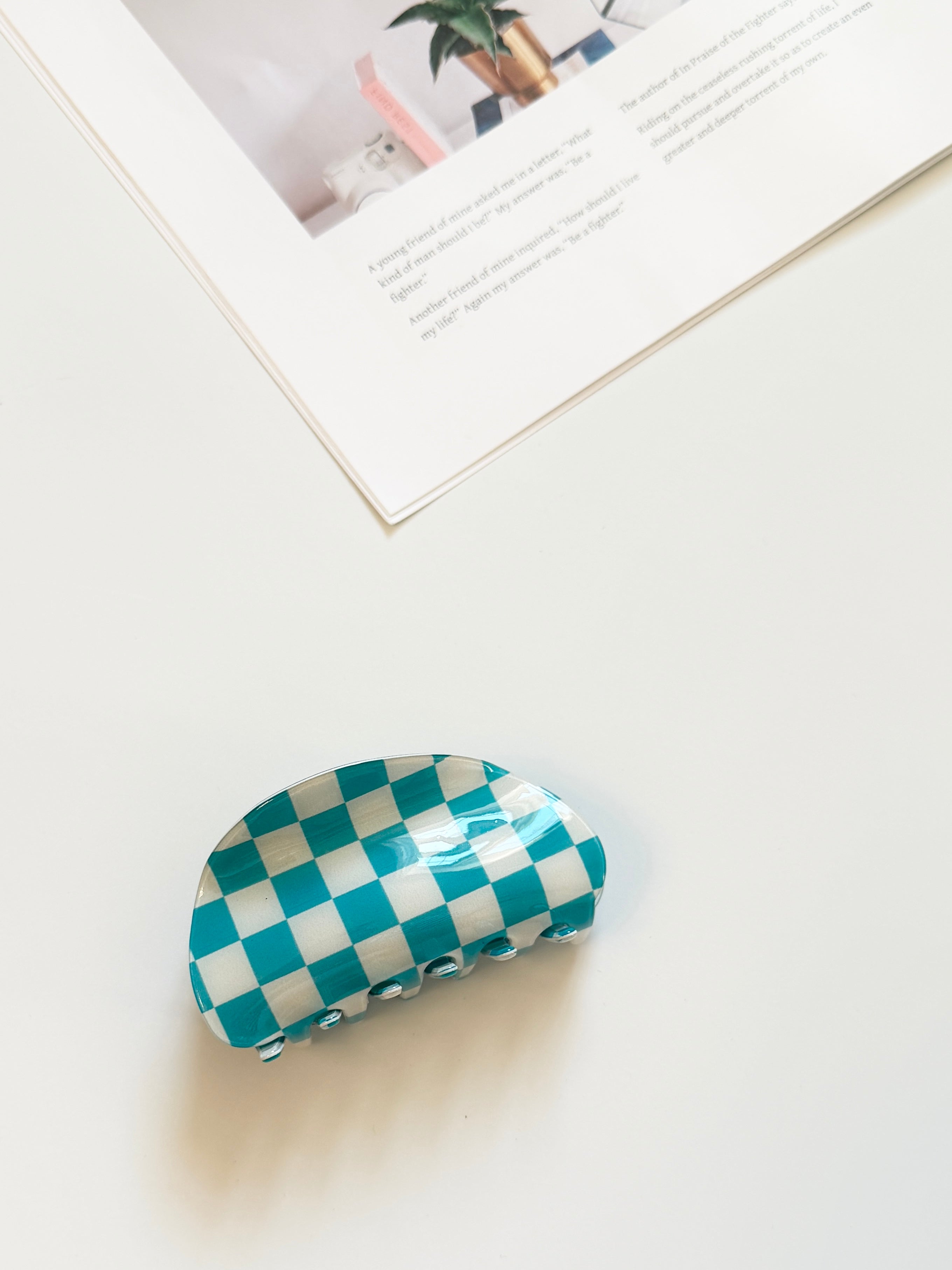 Teal Checkerboard Acetate Claw Clip