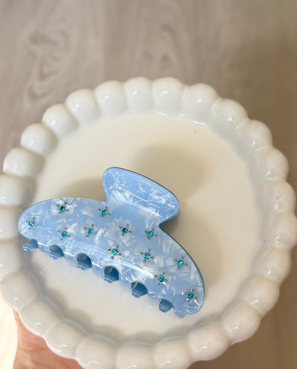 Pearl Blue Crystal Flower Claw Clip