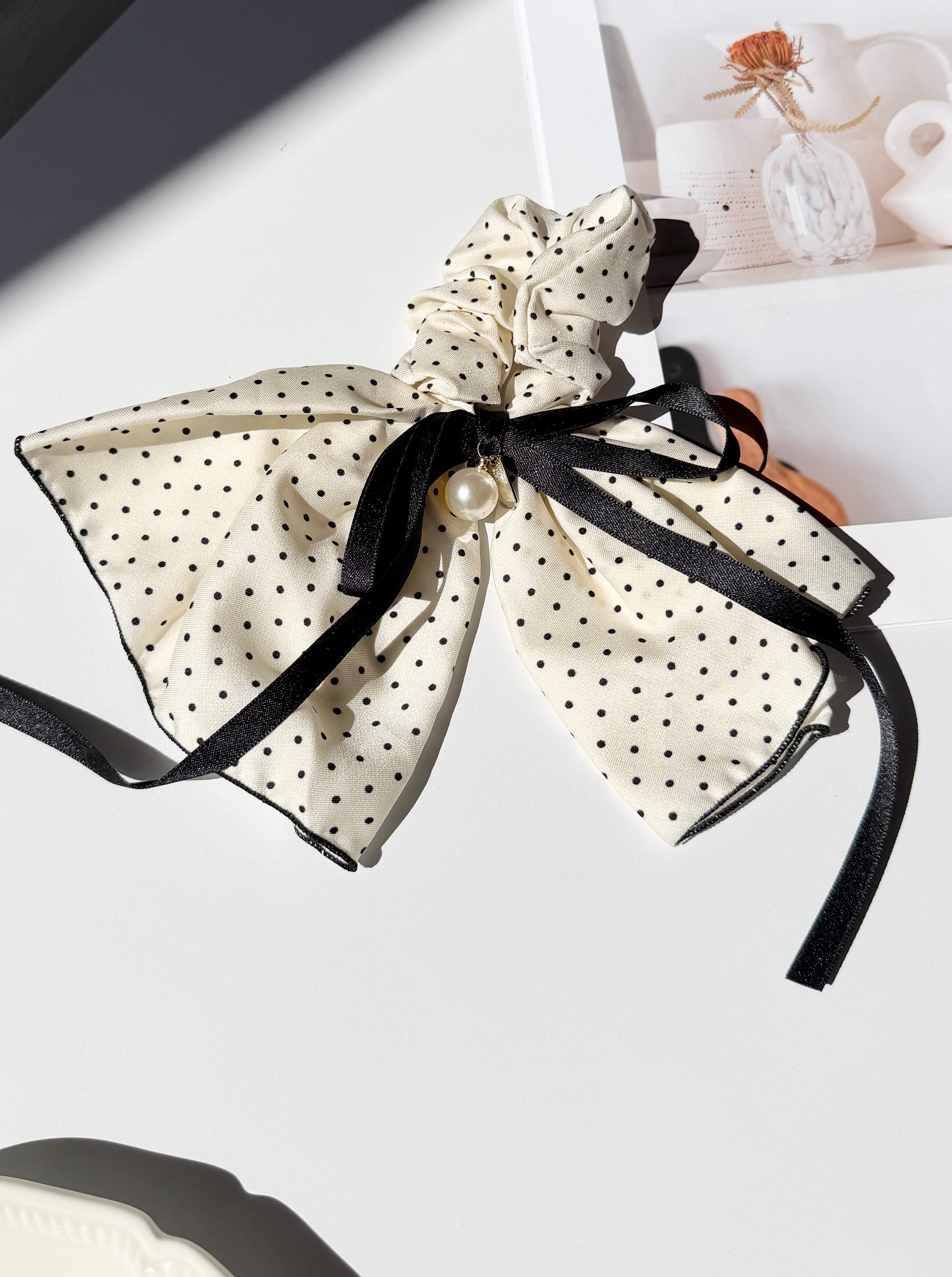 Polka Dot Bow Scrunchie with Pearl