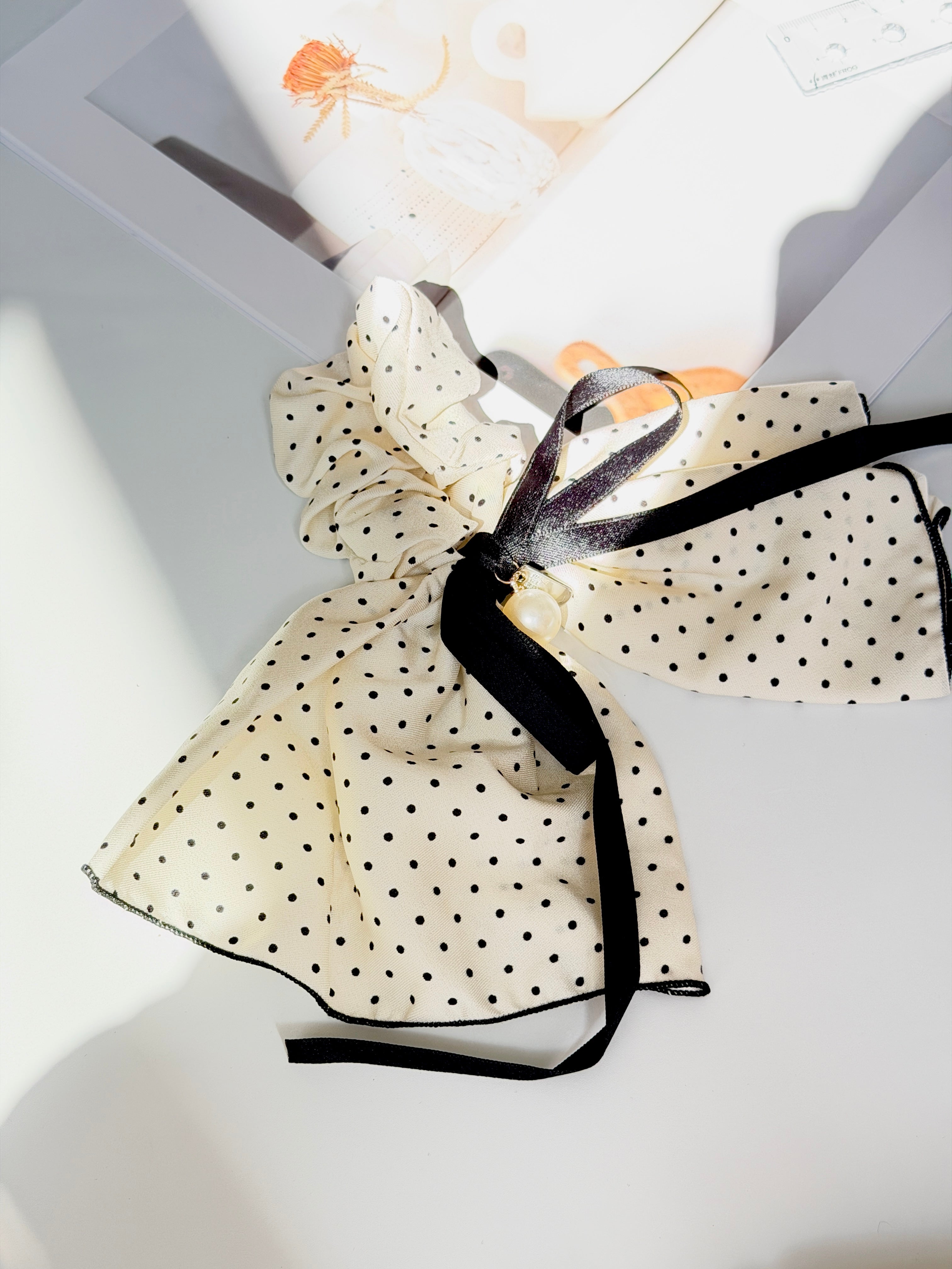 Polka Dot Bow Scrunchie with Pearl