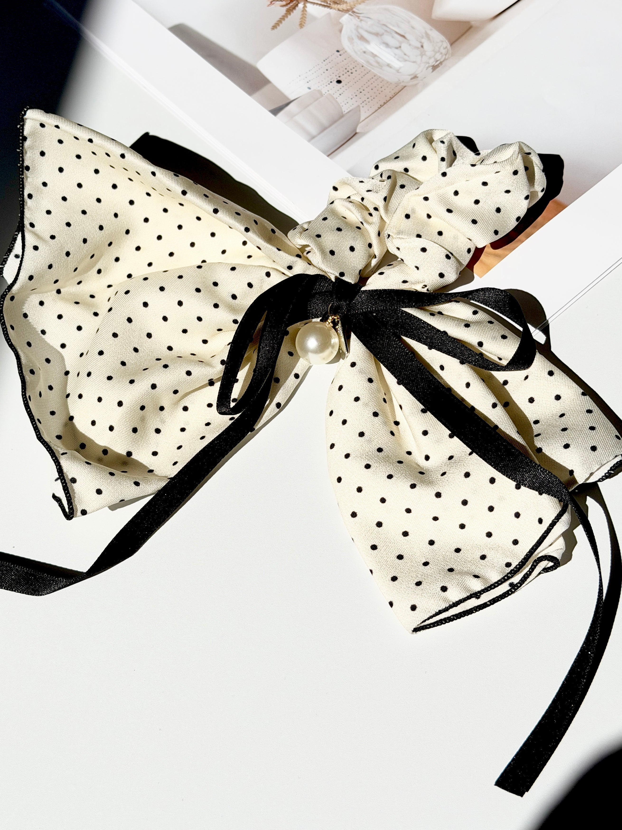 Polka Dot Bow Scrunchie with Pearl