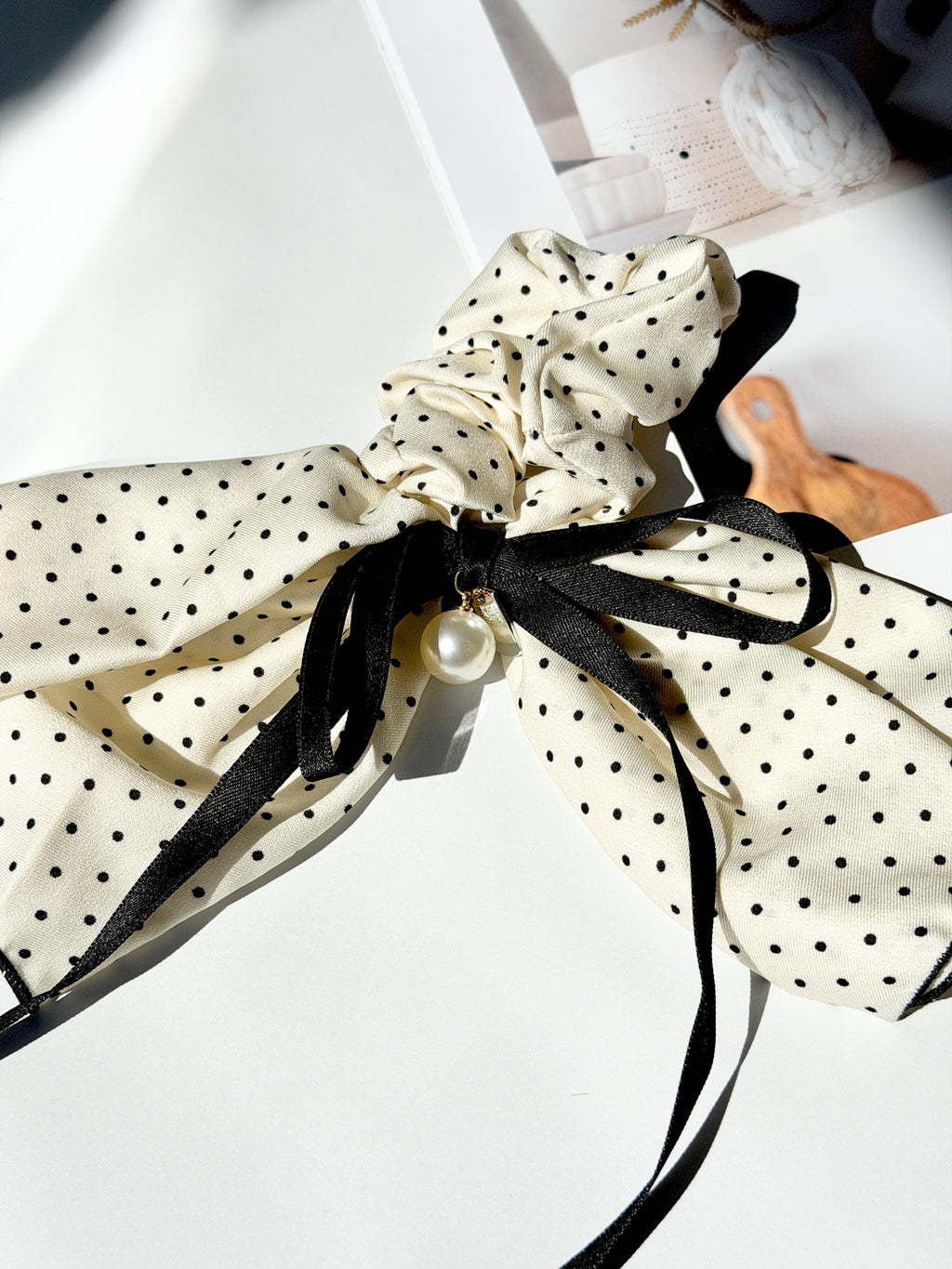 Polka Dot Bow Scrunchie with Pearl