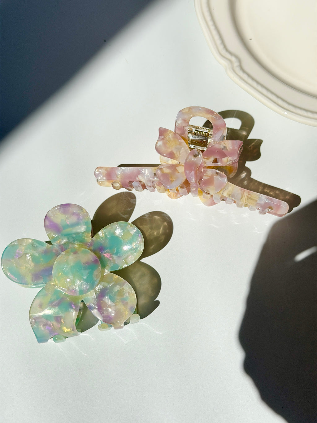 Iridescent Flower & Bow Acetate Hair Clip Set
