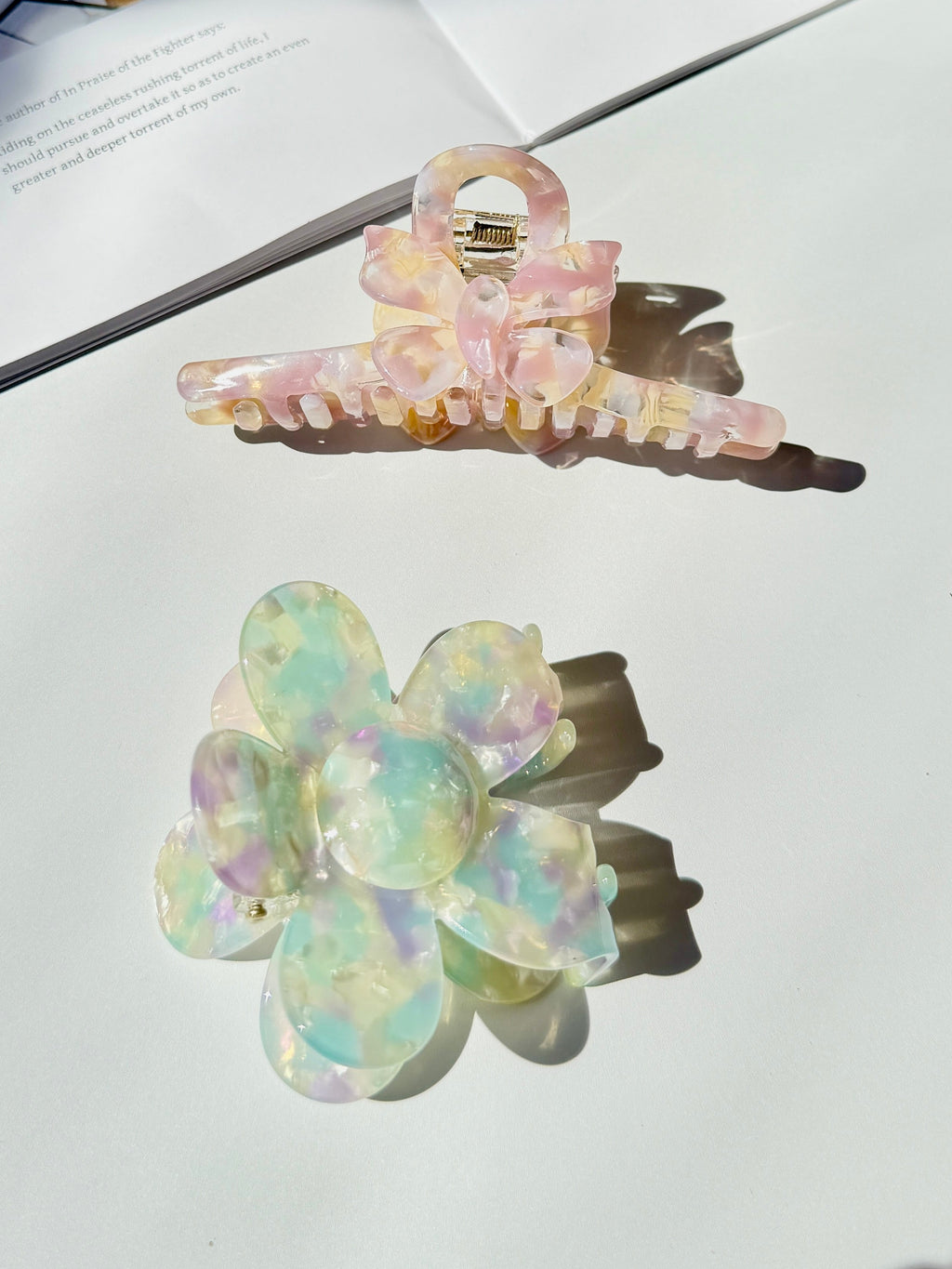 Iridescent Flower & Bow Acetate Hair Clip Set