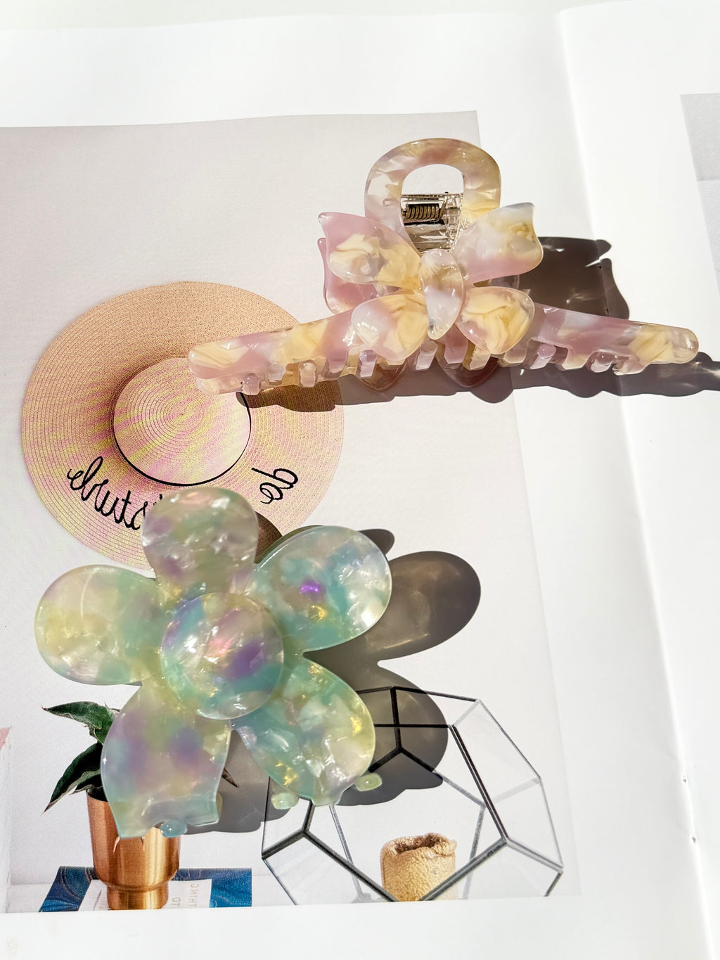 Iridescent Flower & Bow Acetate Hair Clip Set