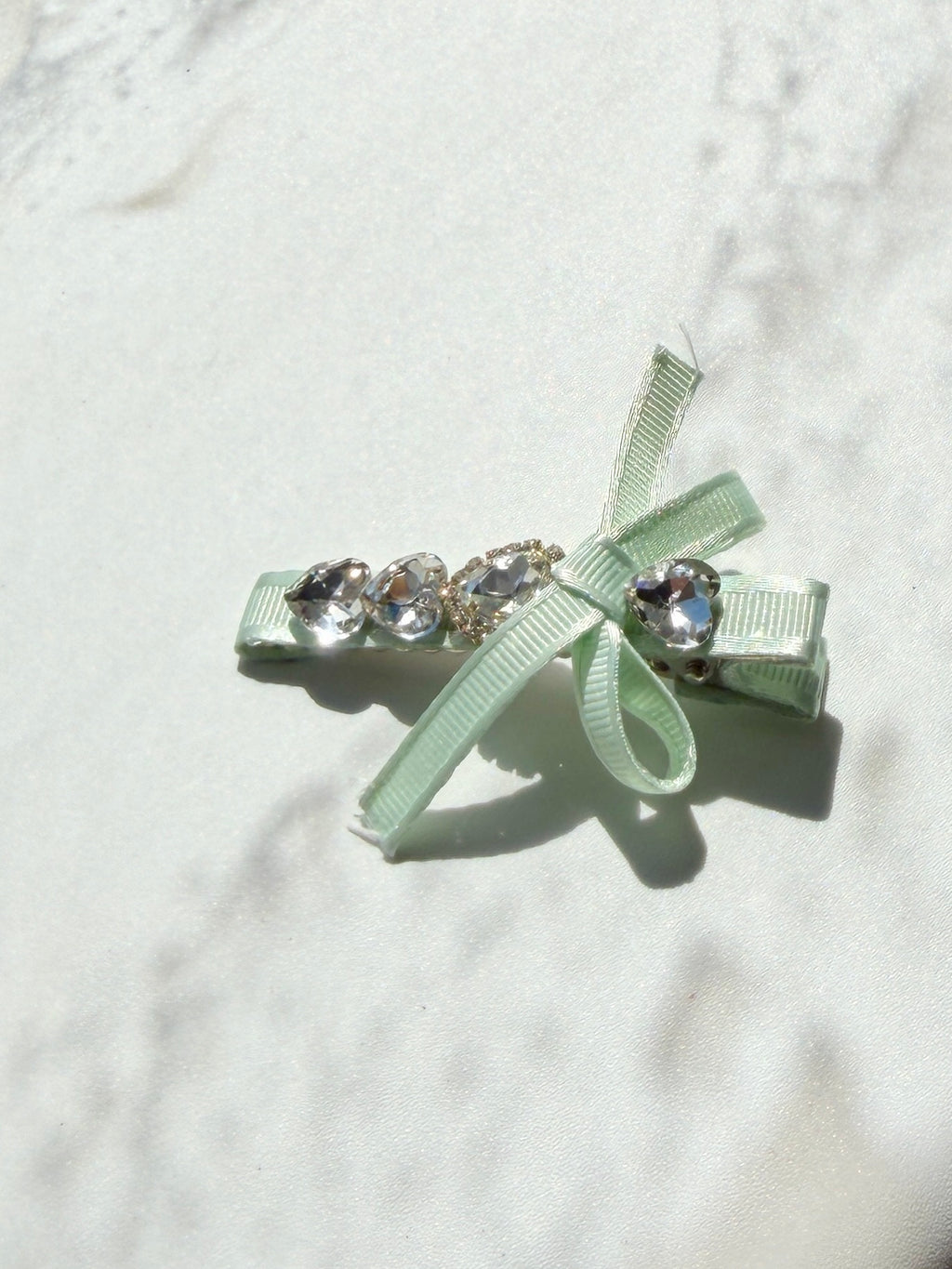 Mint Bow Crystal Heart Hair Clip