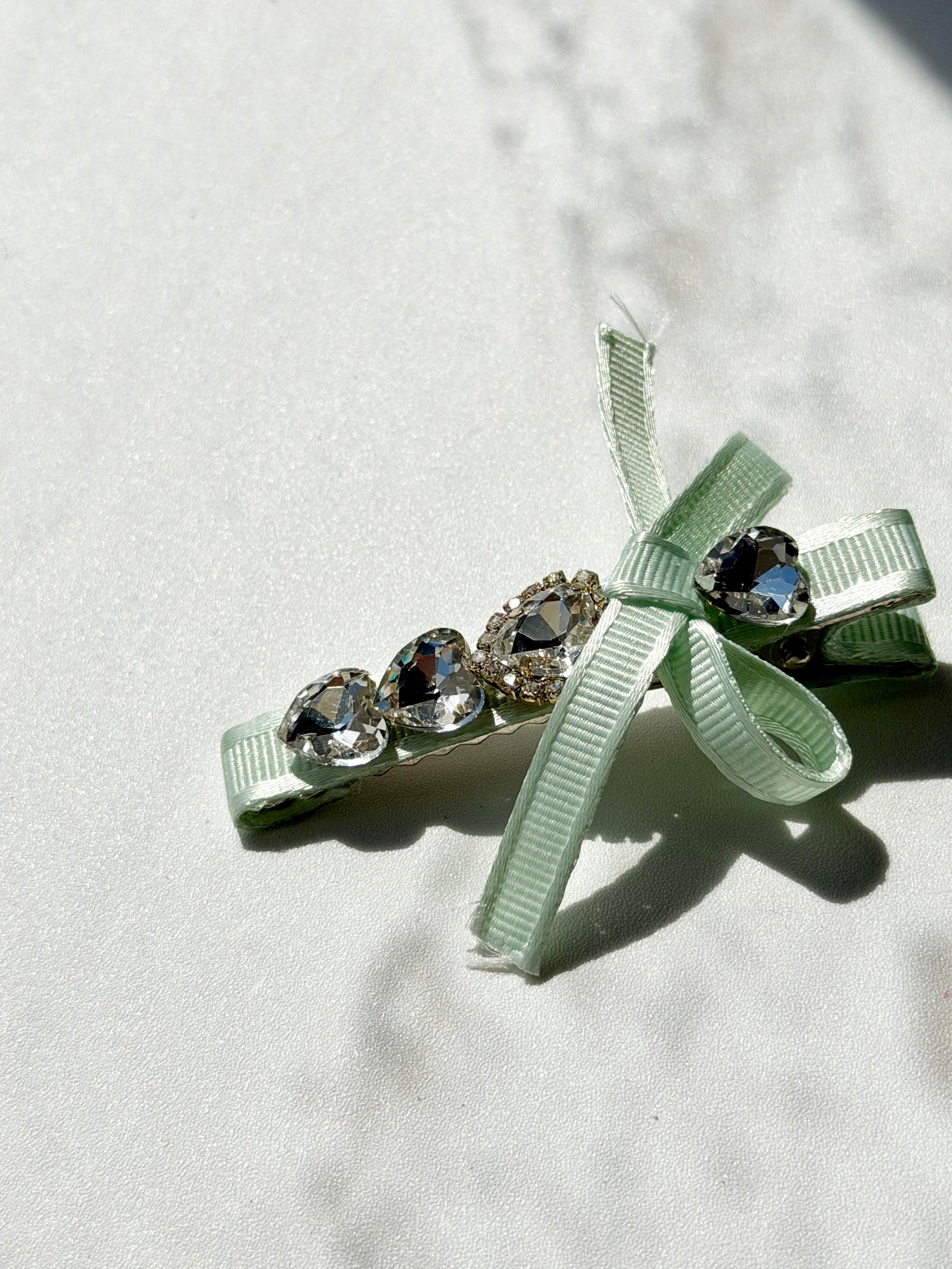 Mint Bow Crystal Heart Hair Clip