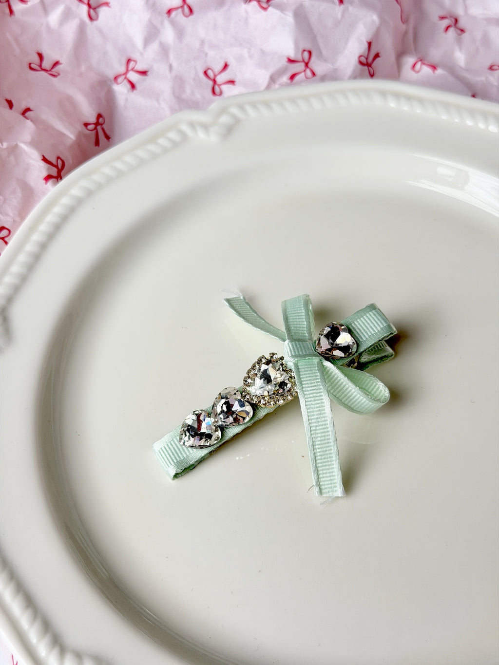 Mint Bow Crystal Heart Hair Clip