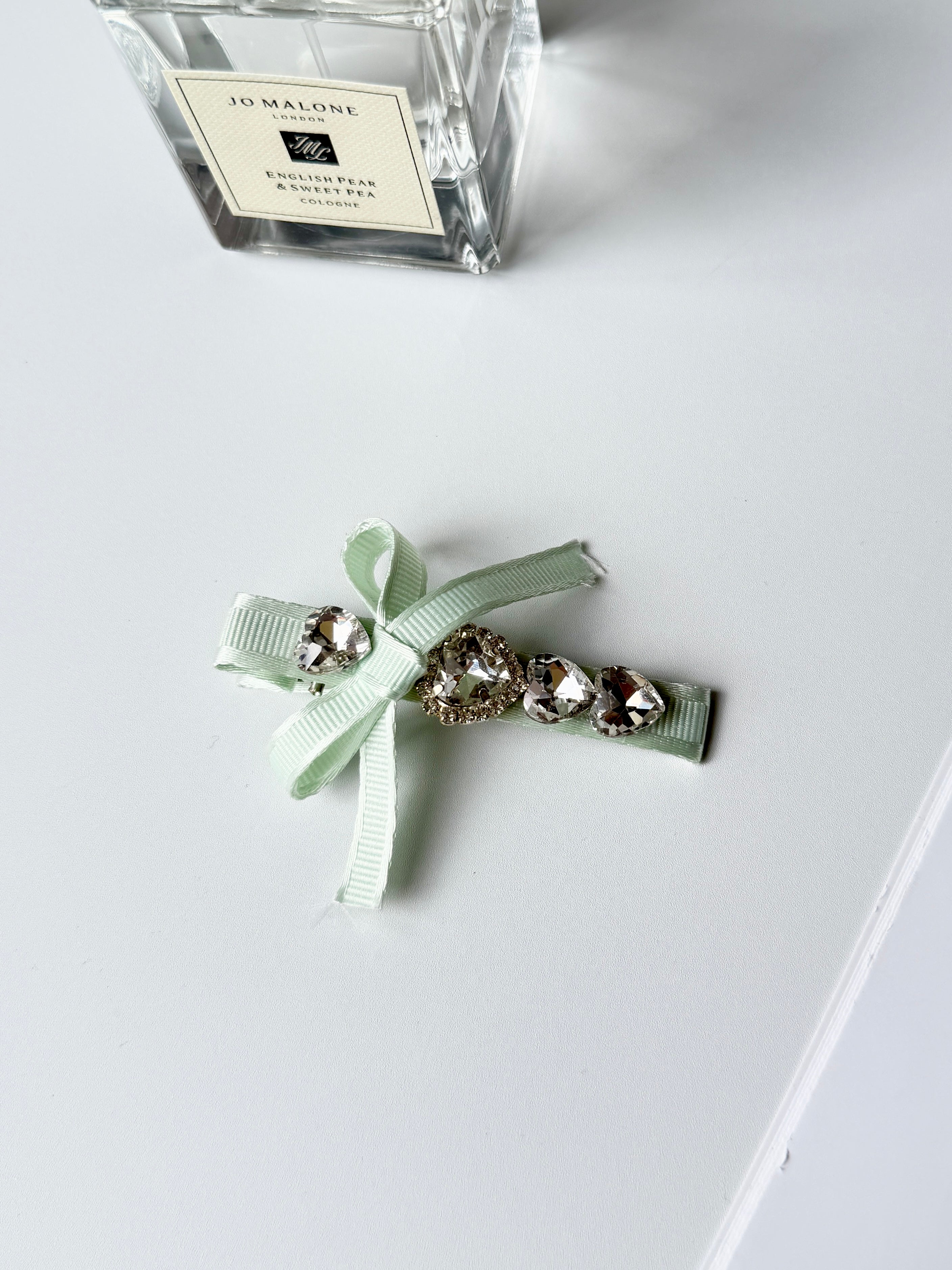 Mint Bow Crystal Heart Hair Clip